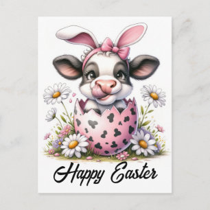 Postal Adorable vaca de Pascua en acuarela en huevo