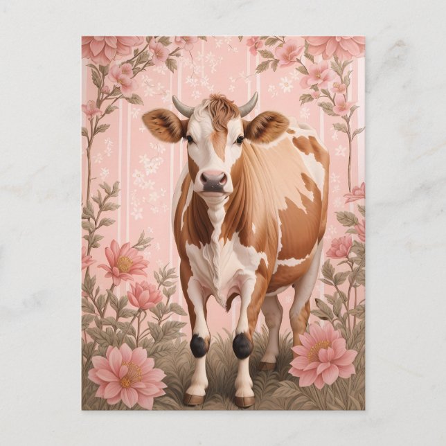 Postal Adorable Vaca Jersey Floral Rosa (Anverso)