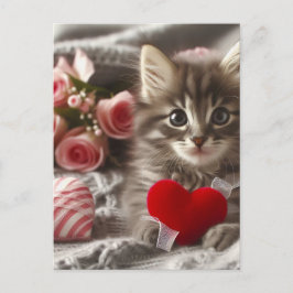 Postal Adorable Valentine Fluffy Gray Kitten AI Art