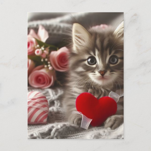Postal Adorable Valentine Fluffy Gray Kitten AI Art (Anverso)
