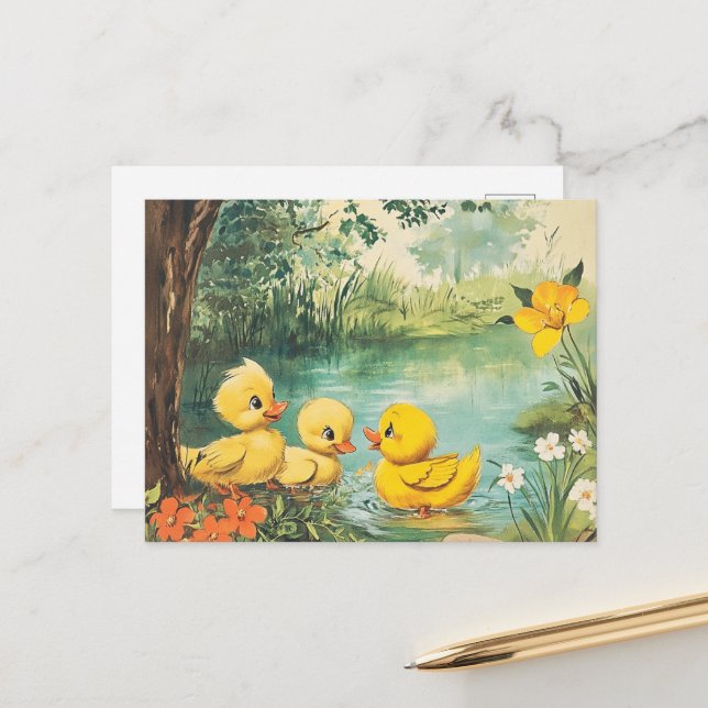 Postal Adorable Vintage Ducklings (Anverso/Reverso In Situ)