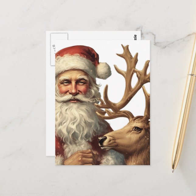 Postal Adorable Vintage Santa and Reindeer (Anverso/Reverso In Situ)