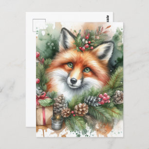 Postal Adorable Watercolor Navidades Red Fox