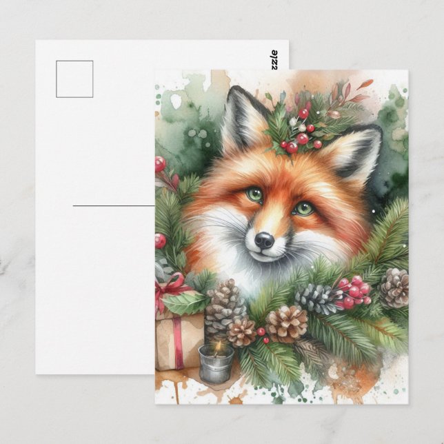 Postal Adorable Watercolor Navidades Red Fox (Anverso / Reverso)