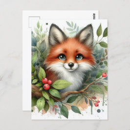 Postal Adorable Watercolor Red Fox