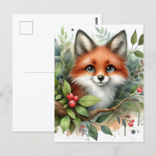 Postal Adorable Watercolor Red Fox