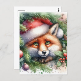Postal Adorable Watercolor Red Fox Navidades