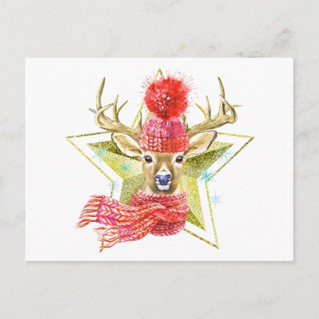 Postal Adorable Watercolor Winter Deer Gold Star (Anverso)