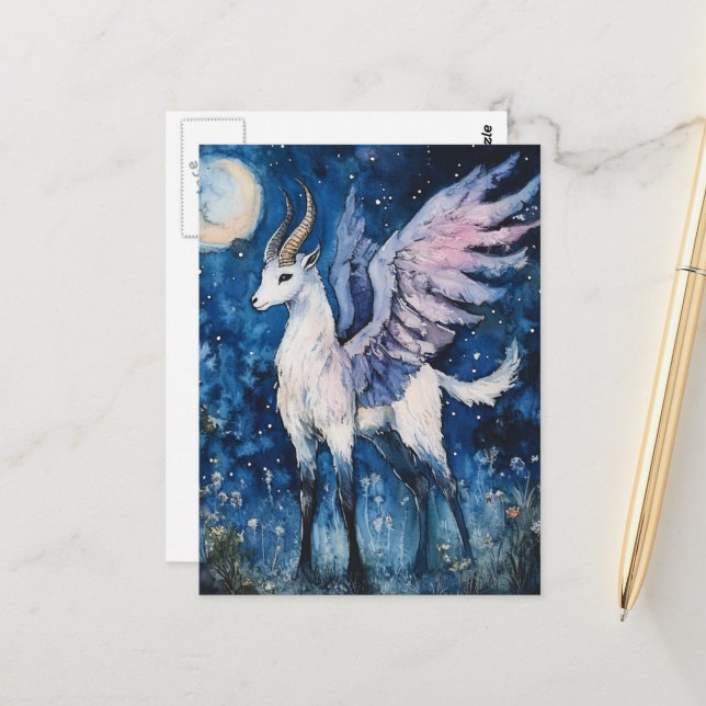 Postal Adorable Winged Fantasy Goat Full Moon (Anverso/Reverso In Situ)