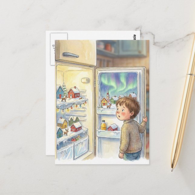 Postal Adorable Winter Scene in Refrig Amazed Boy (Anverso/Reverso In Situ)