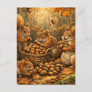 Postal Adorables Ardillas de Otoño Festín de Bellotas