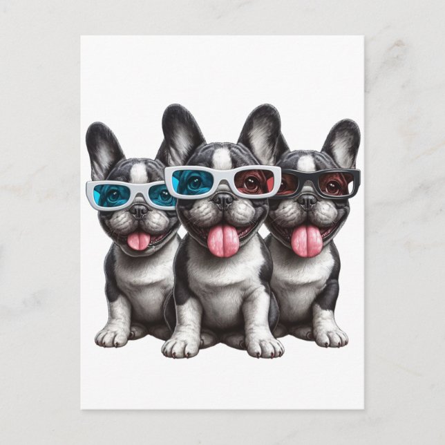 Postal Adorables Bulldoges franceses con gafas de sol (Anverso)