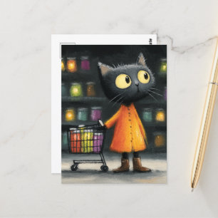 Postal Adorables compras de comestibles de gatos negros