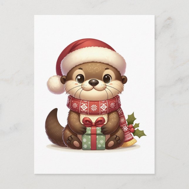 Postal Adorables Navidades en Santa Hat con presente (Anverso)