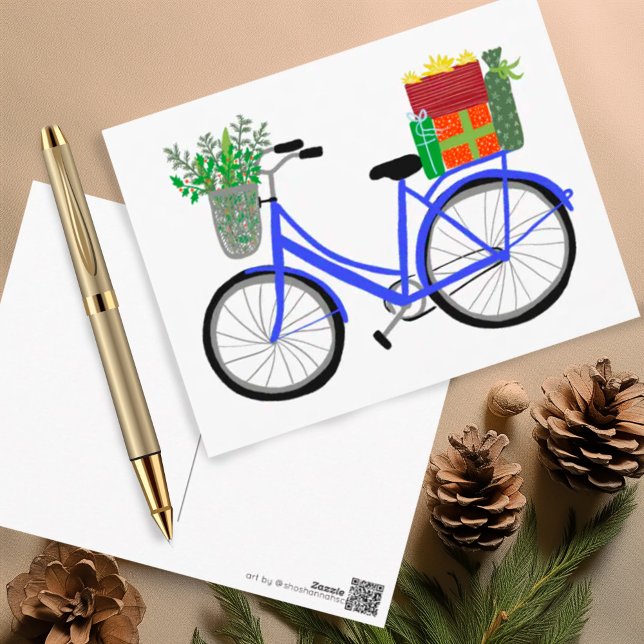 Postal Adorables Navidades Regalos de Navidad en biciclet (Cheerful holiday bicycle postcard with gifts and cheer! Customize with your own text)