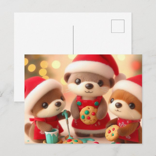 Postal Adorables nutrias decoran galletas de Navidad (Anverso / Reverso)