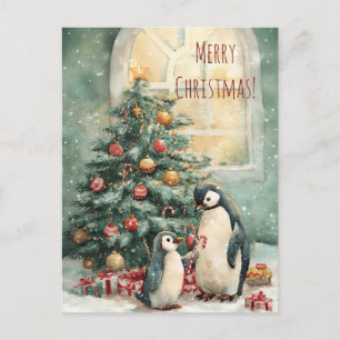 Postal Adorables pingüinos decoran árbol de Navidad, Navi