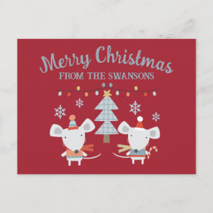 Postal Adorables ratones de Navidad y árbol sobre rojo bu