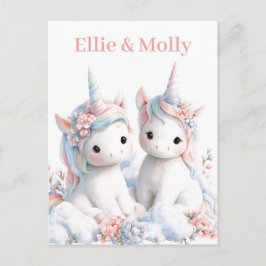 Postal Adorables Unicornios Gemelos Bebés en Nube con Acu