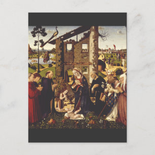 Postal Adoración del niño con santos y donantes