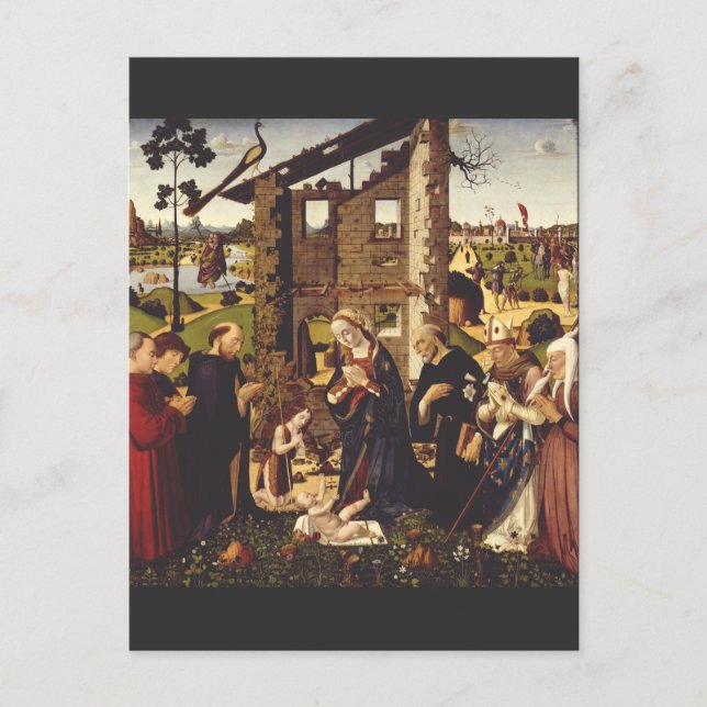 Postal Adoración del niño con santos y donantes (Anverso)