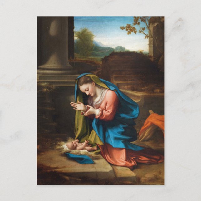 Postal Adoración del Niño Jesús por Correggio (Anverso)