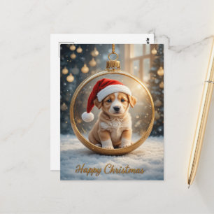 Postal Adorno de cachorro lindo Navidad resplandor dorado