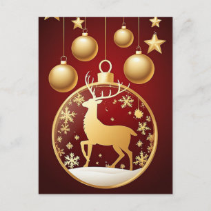 Postal Adorno de Navidad de Reno Dorado Rojo