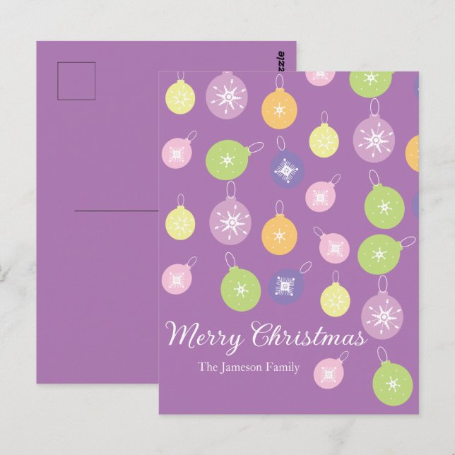 Postal Adornos Navideños de Pastel Copos de Nieve Violeta (Anverso / Reverso)