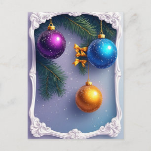 Postal Adornos Navideños Festivos y Ramas de Pino