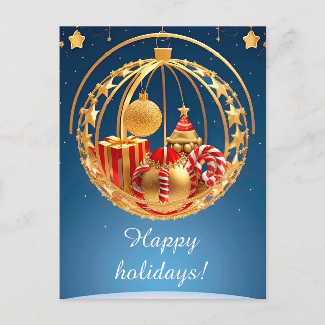 Postal Adornos Navideños Rojo Dorado Festivo Bolas (Anverso)