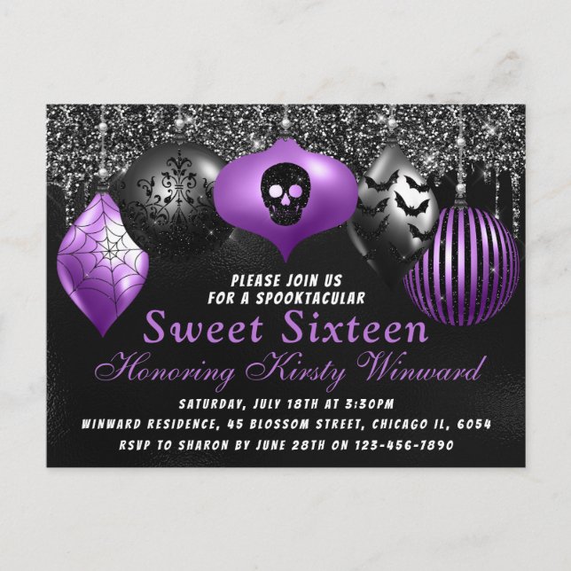 Postal Adornos Negros y Morados de Halloween Sweet 16 (Anverso)