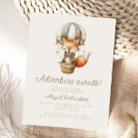 Postal Adventure Awath Cute Fox Balloon Baby Shower<br><div class="desc">Esta tierna postal de invitación a la ducha para bebés presenta a un zorro de acuarela dulce en un globo de aire caliente a rayas, encima de las palabras "¡Aventura espera!" en taupe. Personalice el texto con el nombre de la futura madre en el guión y los detalles en el...</div>