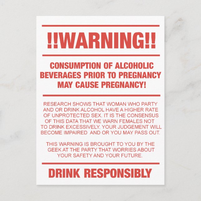 Postal Advertencia divertida sobre el alcohol y el embara (Anverso)
