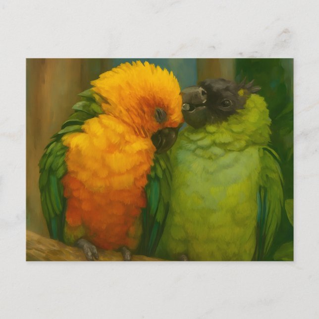 Postal Afecto tropical - loros en luz forestal (Anverso)