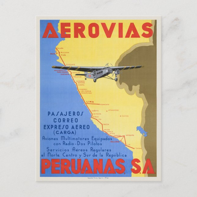 Postal Afiche de 1936 de la época de los Aerovias Peruana (Anverso)