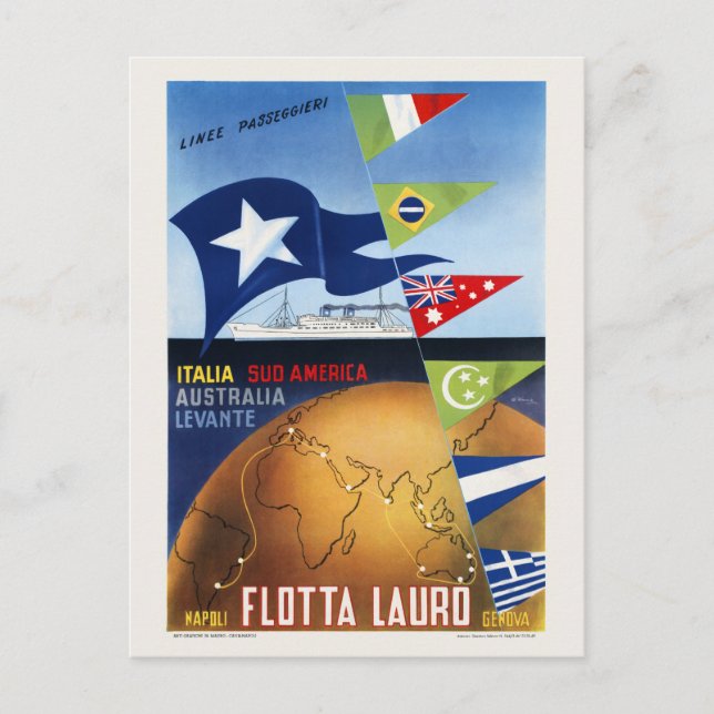 Postal Afiche de época de Flotta Lauro Napoli Genova Ital (Anverso)