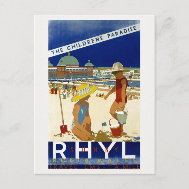 Postal Afiche de época de Sunny Rhyl North Wales 1935 (Anverso)