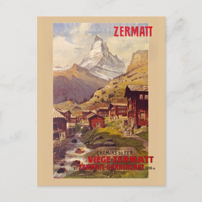 Postal Afiche de época de Zermatt Suiza 1900 (Anverso)