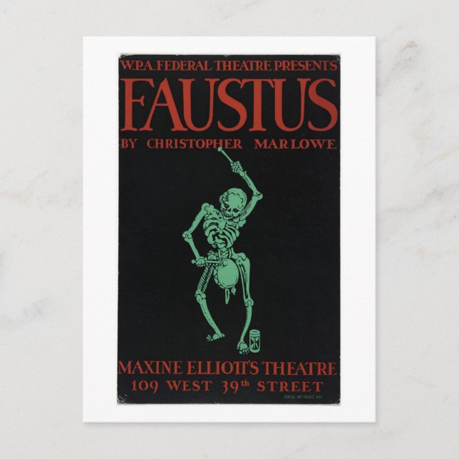 Postal Afiche de época del Médico Faustus de Marlowe (Anverso)