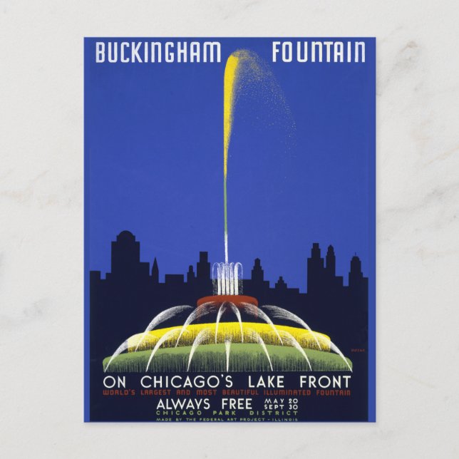 Postal Afiche de época, Fuente de Buckingham de Chicago,  (Anverso)