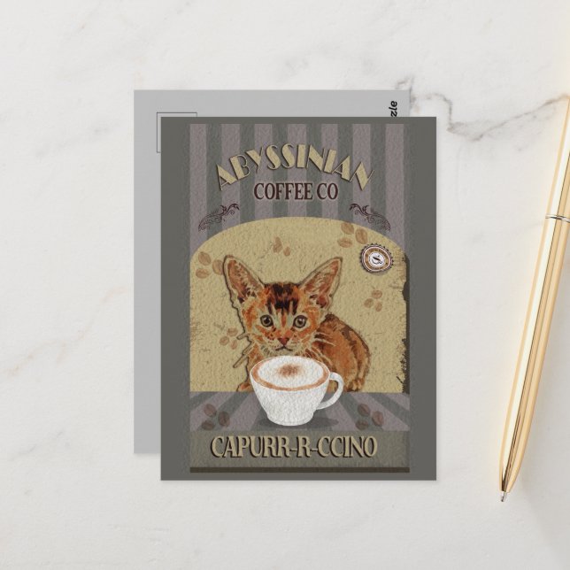 Postal Afiche de la cosecha del café del gato abisino (Anverso/Reverso In Situ)