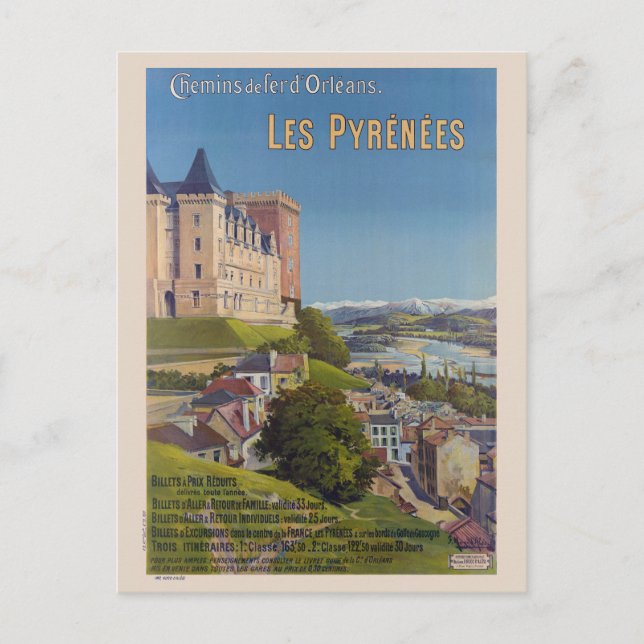 Postal Afiche de la época de Les Pyrénées France 1899 (Anverso)