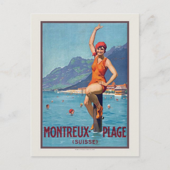 Postal Afiche de la época de Montreux Plage Suisse aprox. (Anverso)