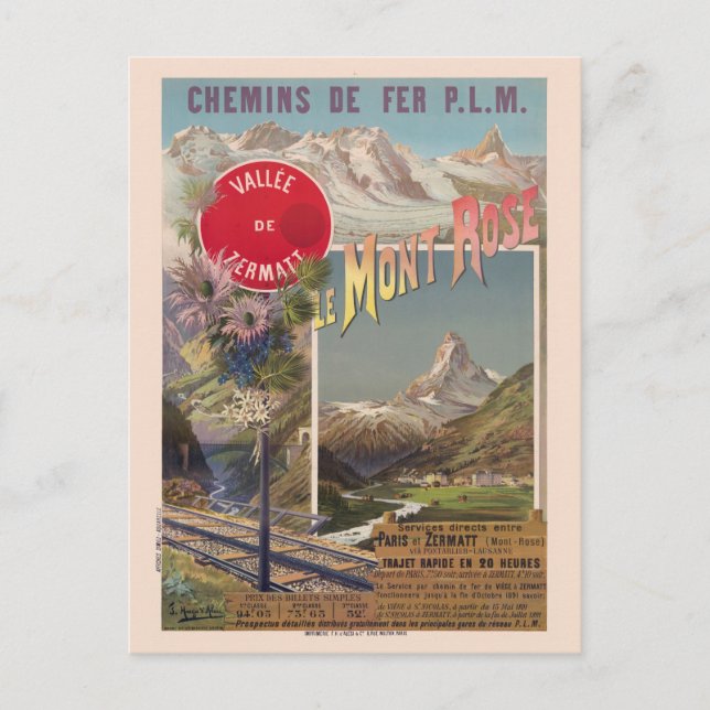 Postal Afiche de la época de Suiza Le Mont Rosa 1891 (Anverso)