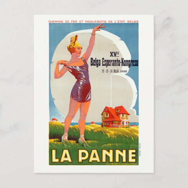 Postal Afiche de La Panne Belgium de época 1926 (Anverso)