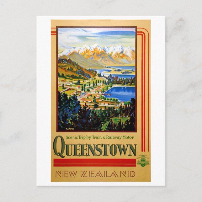 Postal Afiche de Nueva Zelanda de Queenstown restaurado (Anverso)
