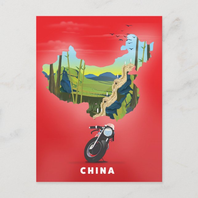 Postal Afiche de viaje con mapa ilustrado de China (Anverso)