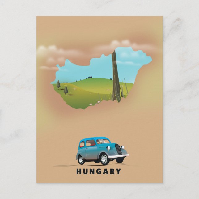 Postal Afiche de viaje con mapa ilustrado de Hungría (Anverso)