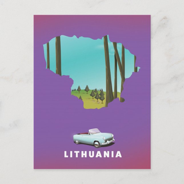 Postal Afiche de viaje con mapa ilustrado de Lituania (Anverso)